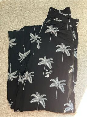Black Palm Tree Print Wide Leg Pants